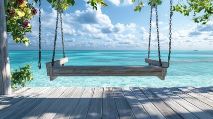 Obraz premium A weathered wooden swing overlooking a tranquil tropical sea, ideal for themes of relaxation and nature.