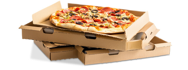 Stack of carton pizza boxes with pizza on top.  Faint shadow for 3d effect. Cut out, isolated, transparent png, add your own background.