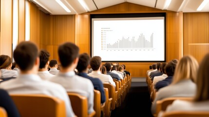 Wide-angle shot of a business presentation in a conference room, projector displaying a detailed graph on a white screen, audience taking notes 