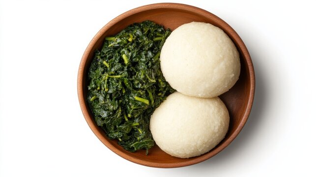 Wide-angle shot of Kenyan ugali with sukuma wiki, a maize porridge served with saut&eacute;ed collard greens, isolated on white background 