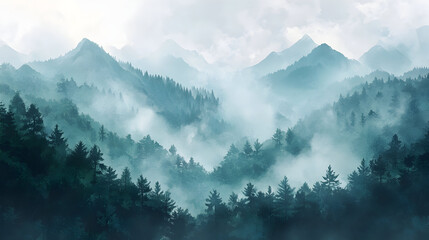 - An illustration of an abstract mountain forest with misty hues and dense foliage, 
