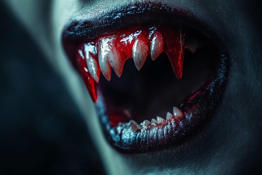 Close-up of a vampire's mouth with fangs and blood.