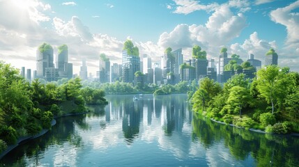 Obraz premium Futuristic Eco-Friendly Cityscape with Green Rooftops and Lush Park by a Serene River on a Sunny Day