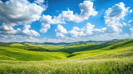 Fototapeta premium A wide panoramic view of rolling green hills and lush meadows under a bright blue sky dotted with white clouds.