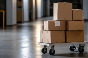 A dolly cart with boxes in the warehouse, illuminated by soft light, symbolizing the bustling activity of cargo delivery and transportation service for global trade.