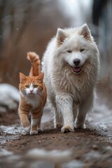 Obraz premium Adorable Orange Cat and Fluffy White Dog Walking Together on a Snowy Path in Winter