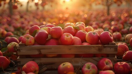 Freshly Harvested Red Apples in Wooden Crate at Sunrise in Orchard with Sunlight Filtering Through Trees