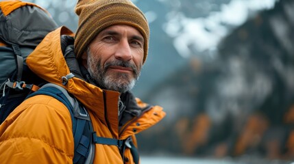 Obraz premium Mature Man Hiking in Scenic Mountain Landscape with Backpack and Warm Clothing