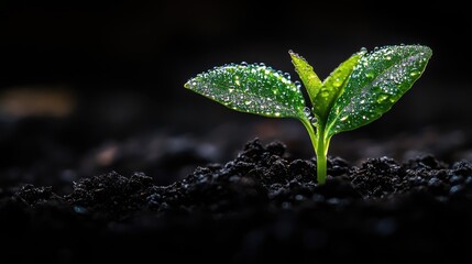 A young plant emerging from dark soil, with tiny water droplets on its leaves, highlighting growth and renewal.