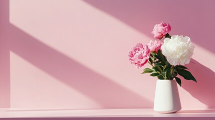 Naklejka premium A delicate arrangement of peonies in a vase sits gracefully against a pastel pink backdrop