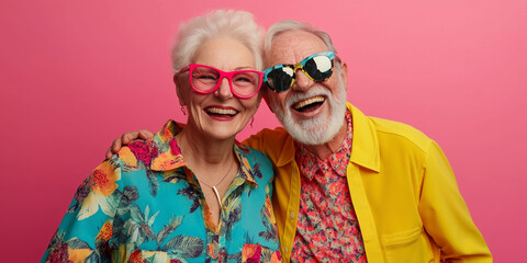 Obraz premium Crazy smiling senior couple, isolated pink color background, image with space for text
