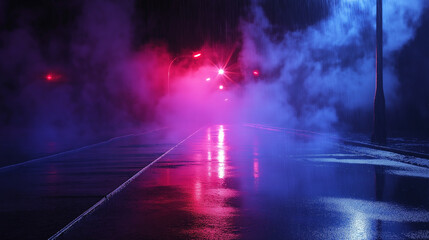Dark, the wet asphalt reflected the vibrant neon lights, while smoke and fog swirled in the abstract background. neon, light, smoke, background, abstract, fog, asphalt, wet, dark, reflection.