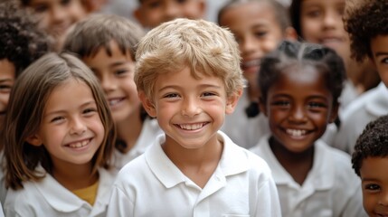 Obraz premium A diverse group of smiling school children enjoys their time together outdoors