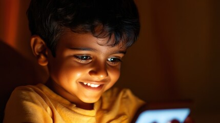 A boy enjoys his smartphone, smiling in the glow of the screen during nighttime