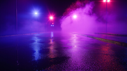 Dark, the wet asphalt reflected the vibrant neon lights, while smoke and fog swirled in the abstract background. neon, light, smoke, background, abstract, fog, asphalt, wet, dark, reflection.