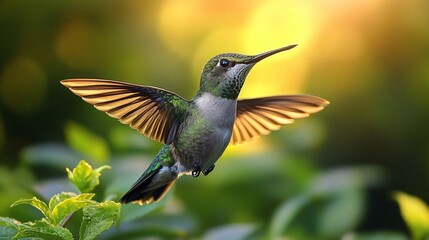 Fototapeta premium Hummingbird flapping its wings while flying in nature
