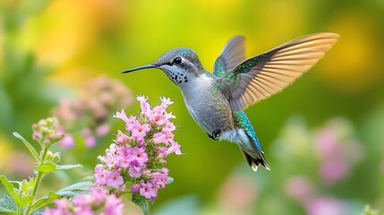 Fototapeta premium Hummingbird hovering near pink flower in garden
