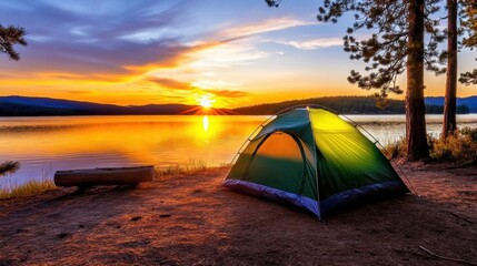 A camping tent sits by the lake as the sun rises, painting the sky and water with brilliant hues of orange and gold