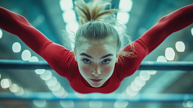 A gymnast dismounting from the parallel bars, frozen mid-air with precision