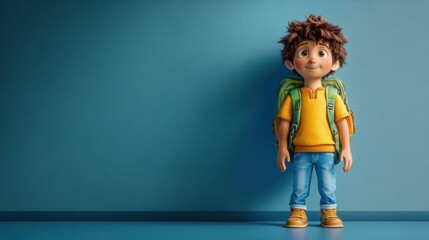A cheerful animated boy with a backpack stands confidently in front of a blue wall, ready for his next adventure
