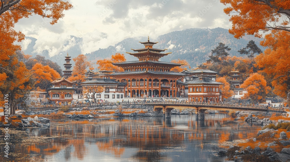 Sticker Serene Pagoda Reflected in Autumn Lake Landscape