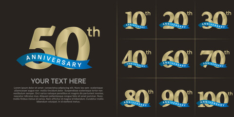 anniversary logotype set vector, golden color and blue ribbon for special day celebration