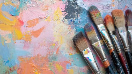 Obraz premium Overhead shot of used paintbrushes resting on a brightly colored canvas, with paint smudges and strokes in various hues.