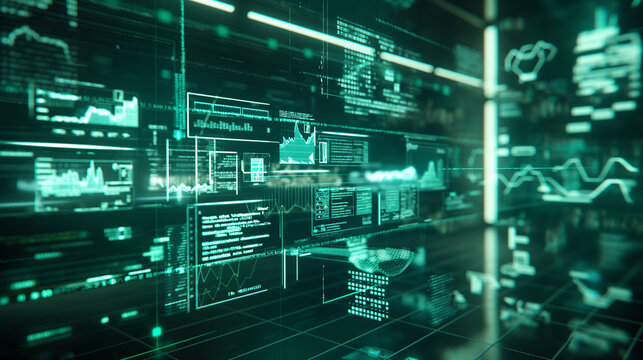 digital business financial transactions information data floating holograms, online banking data visualization 