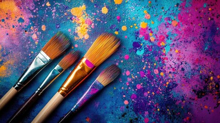 Fototapeta premium Paintbrushes lying on a vivid, painted canvas with splashes of bright colors, captured from above, symbolizing artistic expression.