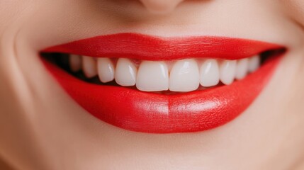 Fototapeta premium A woman smiles brightly, highlighting her beautiful lips adorned with striking red lipstick