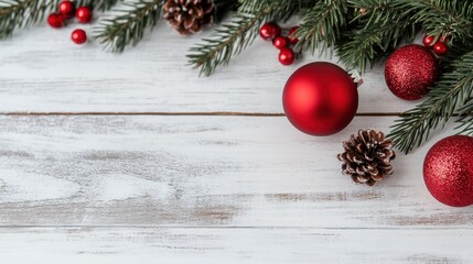 Festive red decorations and pine branches create a cheerful holiday display on a rustic wooden background