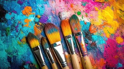 Obraz premium Paintbrushes lying on a vivid, painted canvas with splashes of bright colors, captured from above, symbolizing artistic expression.