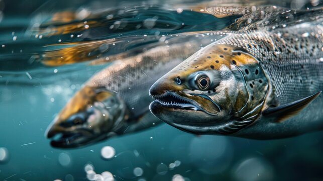 A group of salmon swim underwater in a river.