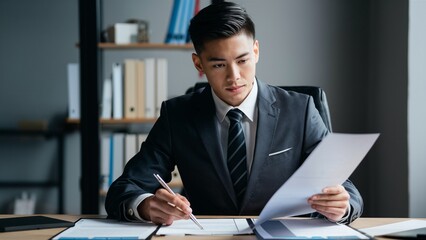Young businessman reviewing documents with a pen in a modern office.