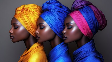 Naklejka premium Elegant Portraits: Women in Vibrant Headwraps