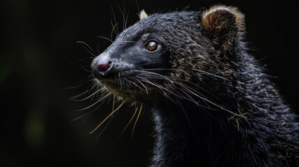 A close-up portrait of a coyote with a serious and attentive expression.