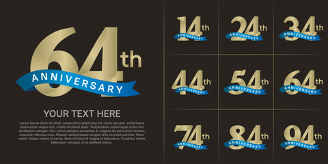 anniversary logotype set vector, golden color and blue ribbon for special day celebration