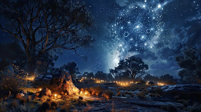 A haunted Australian outback with Aboriginal dreamtime spirits and ancient petroglyphs glowing mysteriously in the moonlight