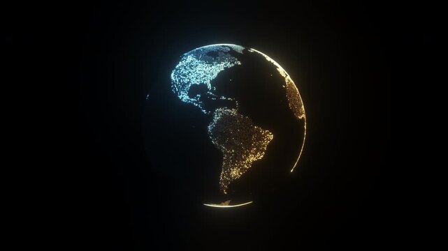 Animation of spinning half blue and half golden globe of the Earth planet from particulars on dark background, 4K seamless loop earth globe animation