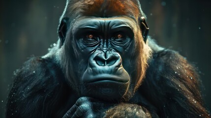 Fototapeta premium Angry gorilla with red eyes looking towards the left, surrounded by a dark and moody background.
