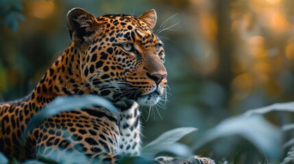 Fototapeta premium A captivating image of a majestic jaguar amidst the lush greenery of the jungle.