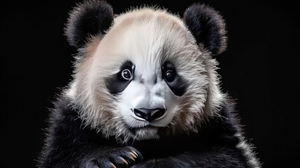 Fototapeta premium A panda wearing a mask sits in front of black background. is split diagonally into two sections,