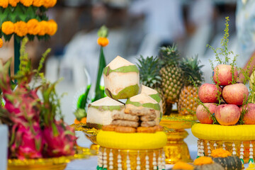Food or vegetable or fruit offerings for the gods of Thailand culture.