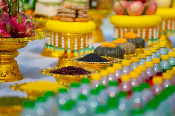 Food or vegetable or fruit offerings for the gods of Thailand culture.