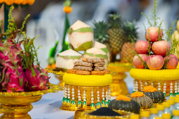 Food or vegetable or fruit offerings for the gods of Thailand culture.