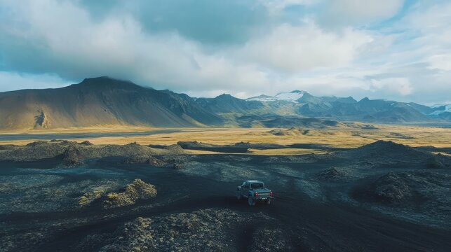 A single vehicle drives across a black sand desert in Iceland with a backdrop of snow-capped mountains and a cloudy sky.