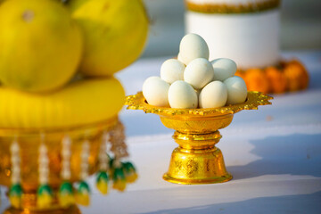 Food or vegetable or fruit offerings for the gods of Thailand culture.
