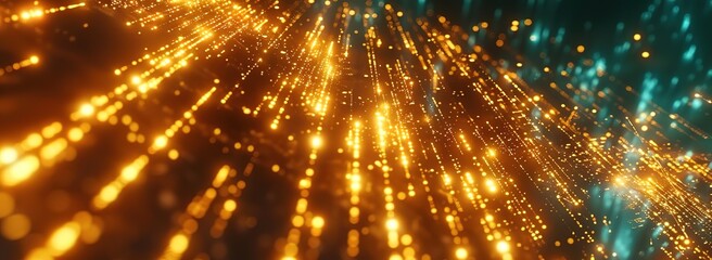 Naklejka premium Abstract background with glowing golden and blue particles, creating a dynamic and futuristic effect. Perfect for technology, innovation, and digital art.