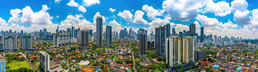 Obraz premium Aerial view of a cityscape with skyscrapers and clouds in the blue sky. The image showcases the modern architecture and urban development of a metropolitan area.