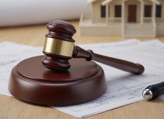Obraz premium Labor and Construction law concept. judge gavel on building blueprint plans with a safety helmet and building model. Paper sheet with pen on wooden table. Agreement on construction law. home insurance